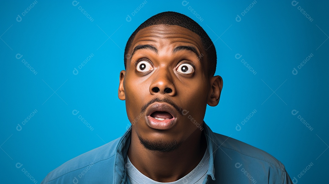 Homem negro fazendo uma expressão chocada em um fundo bronzeado