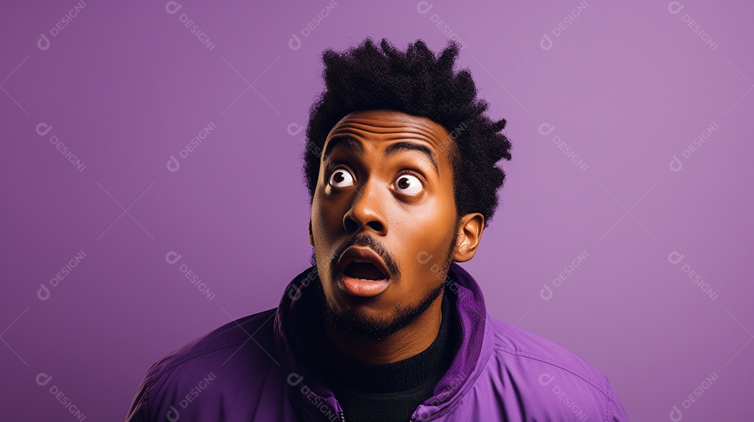Homem negro fazendo uma expressão chocada em um fundo bronzeado