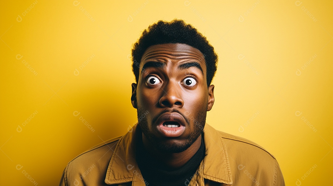 Homem negro fazendo uma expressão chocada em um fundo bronzeado