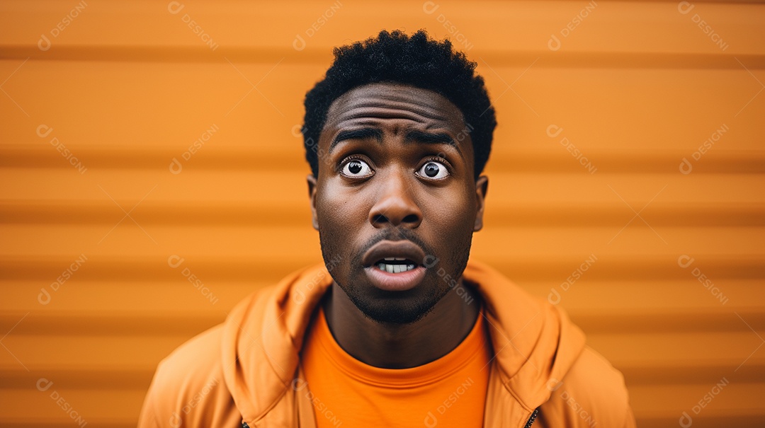 Homem negro fazendo uma expressão chocada em um fundo bronzeado