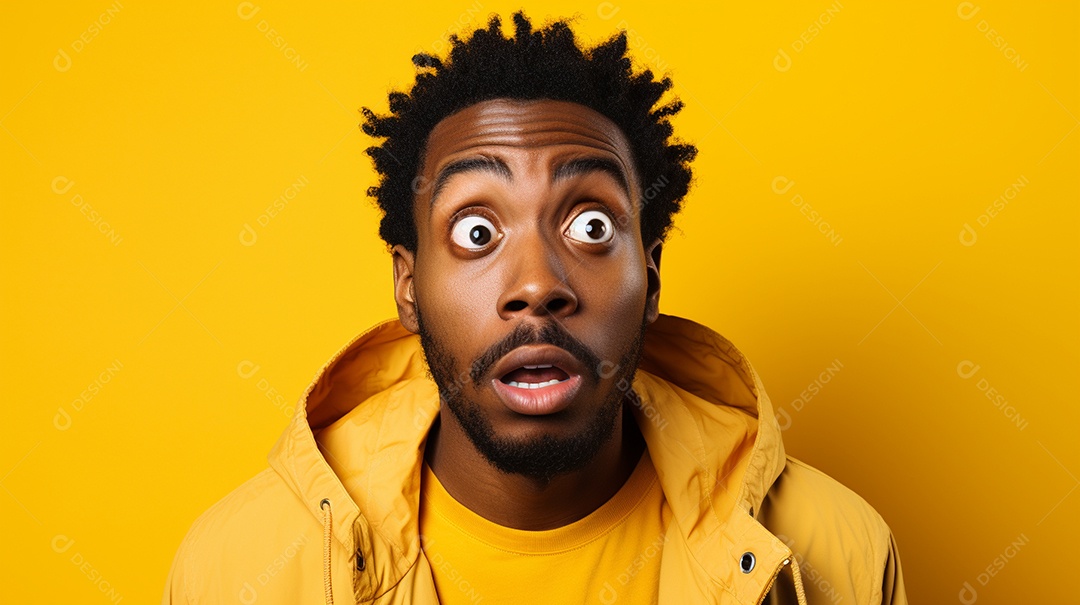 Homem negro fazendo uma expressão chocada em um fundo bronzeado