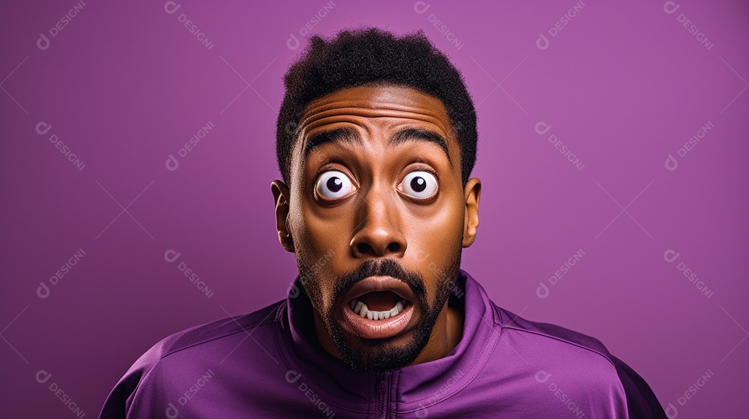 Um homem negro fazendo uma expressão chocada em um fundo colorido