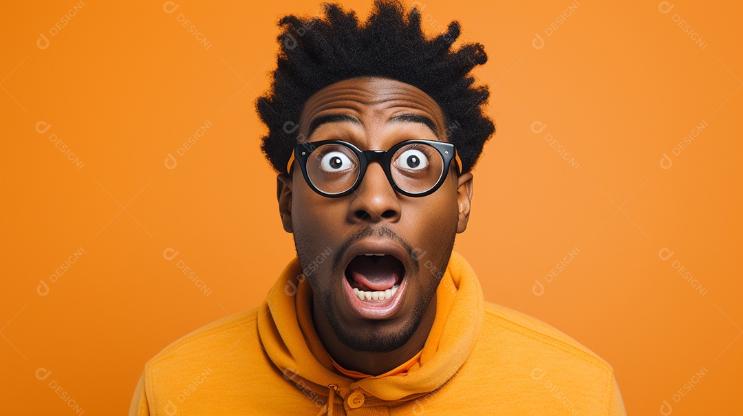 Um homem negro fazendo uma expressão chocada em um fundo colorido