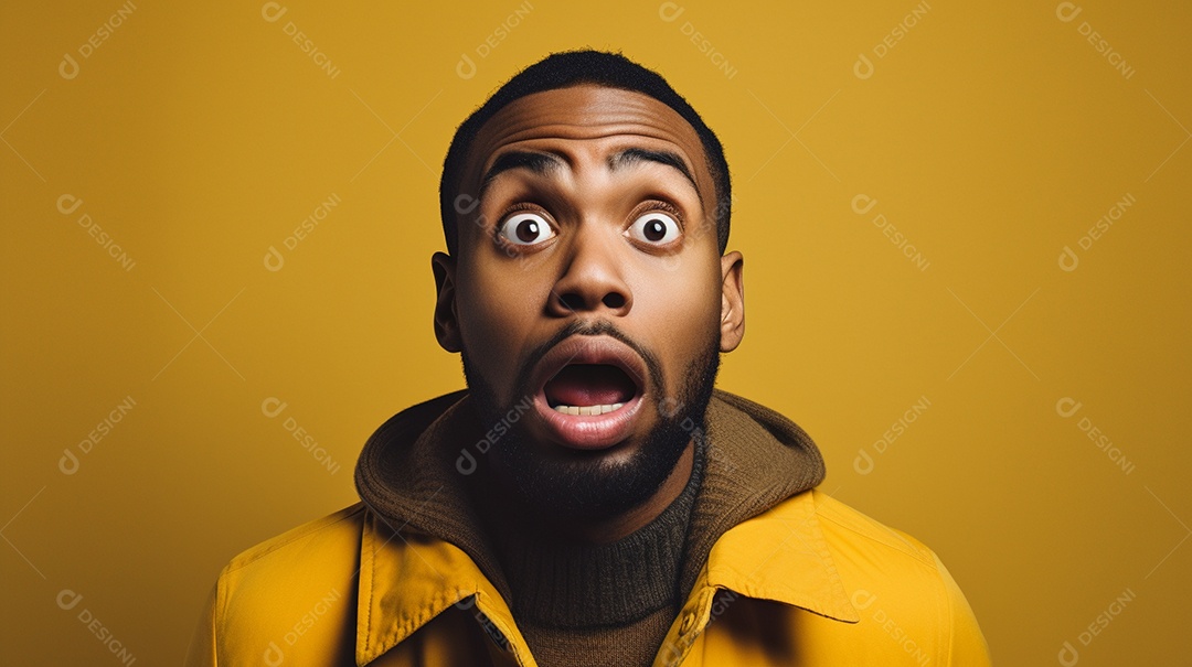 Um homem negro fazendo uma expressão chocada em um fundo colorido