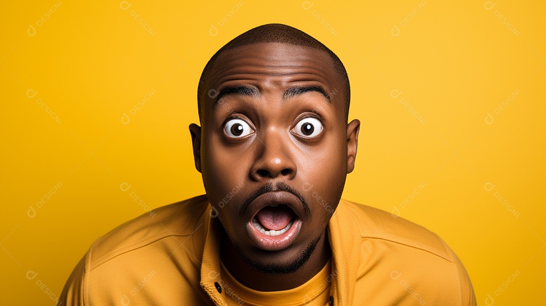 Um homem negro fazendo uma expressão chocada em um fundo colorido