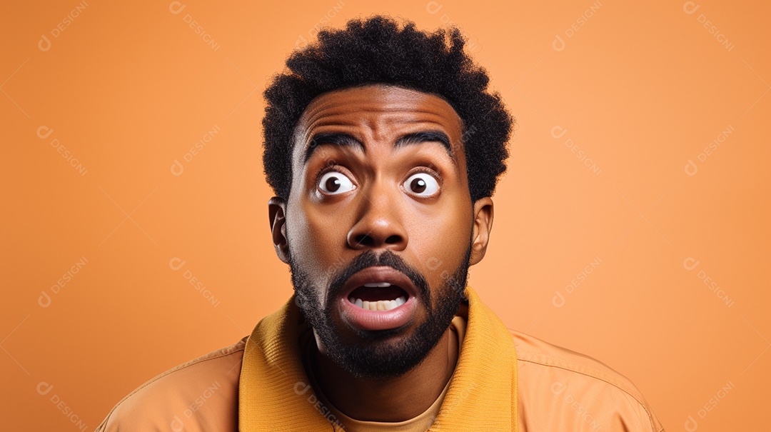 Um homem negro fazendo uma expressão chocada em um fundo colorido