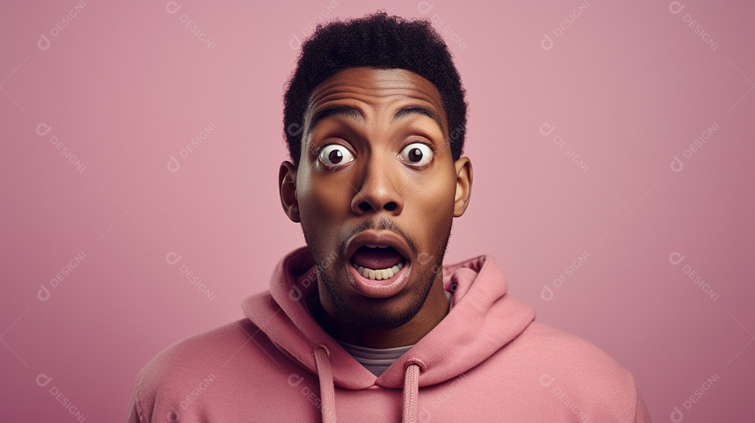 Um homem negro fazendo uma expressão chocada em um fundo colorido