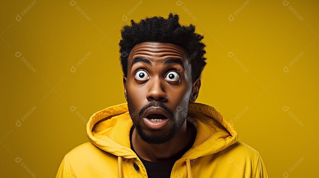 Um homem negro fazendo uma expressão chocada em um fundo colorido