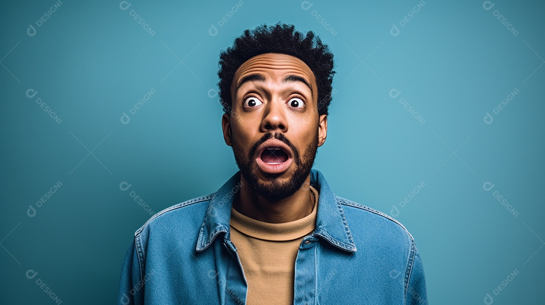 Um homem negro fazendo uma expressão chocada em um fundo colorido