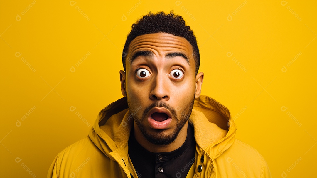 Um homem negro fazendo uma expressão chocada em um fundo colorido