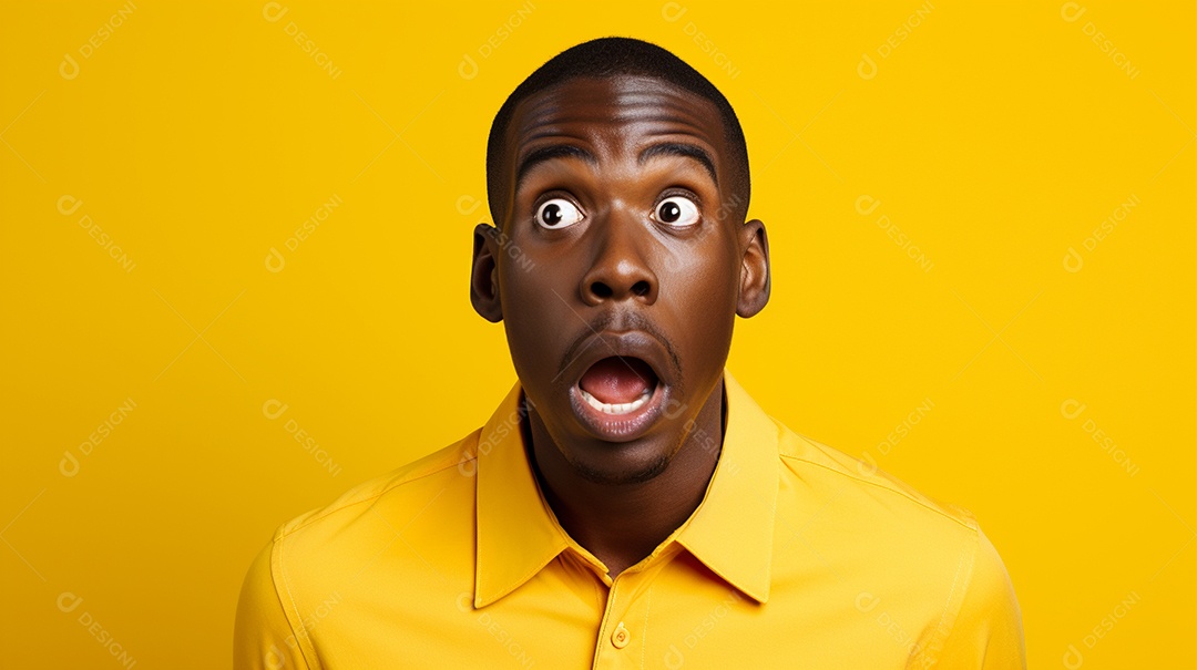 Um homem negro fazendo uma expressão chocada em um fundo colorido