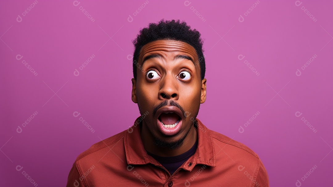 Um homem negro fazendo uma expressão chocada em um fundo colorido