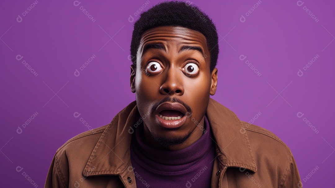 Um homem negro fazendo uma expressão chocada em um fundo colorido