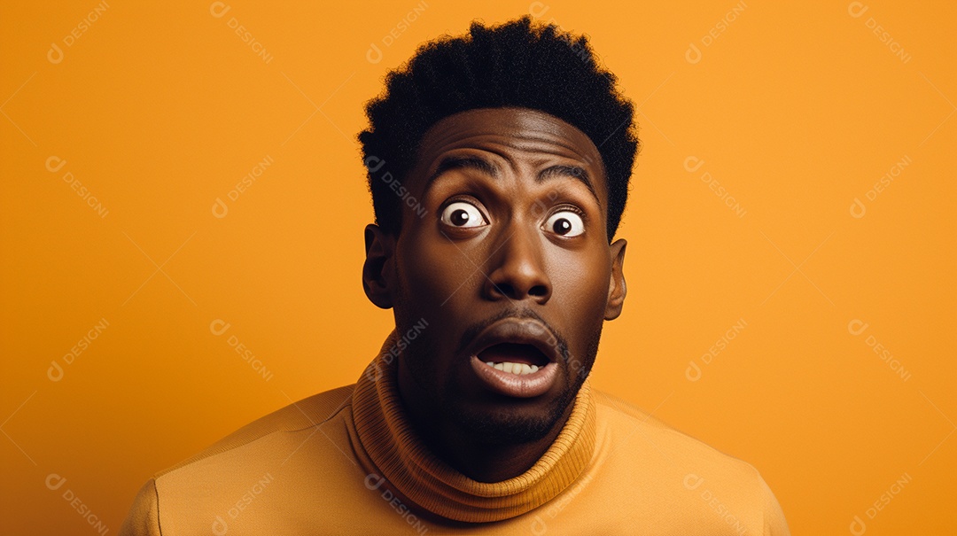 Um homem negro fazendo uma expressão chocada em um fundo colorido