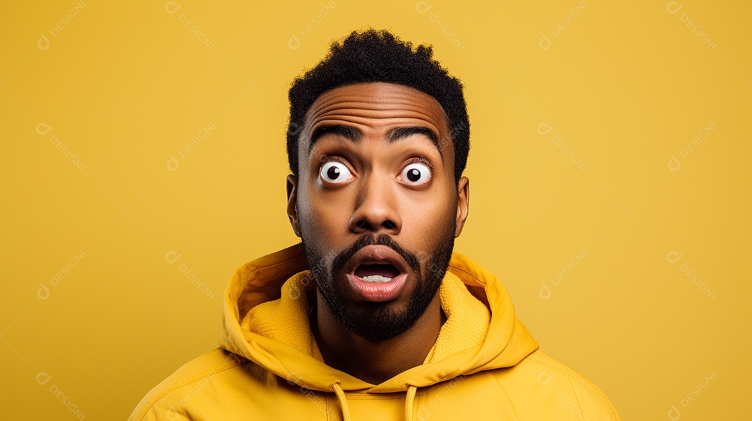 Um homem negro fazendo uma expressão chocada em um fundo colorido