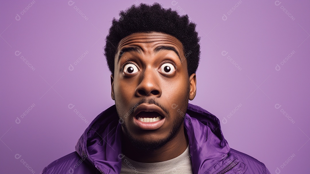 Um homem negro fazendo uma expressão chocada em um fundo colorido