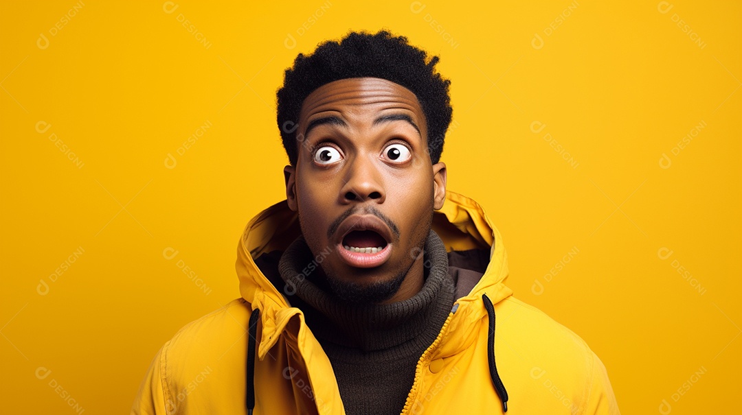 Um homem negro fazendo uma expressão chocada em um fundo colorido
