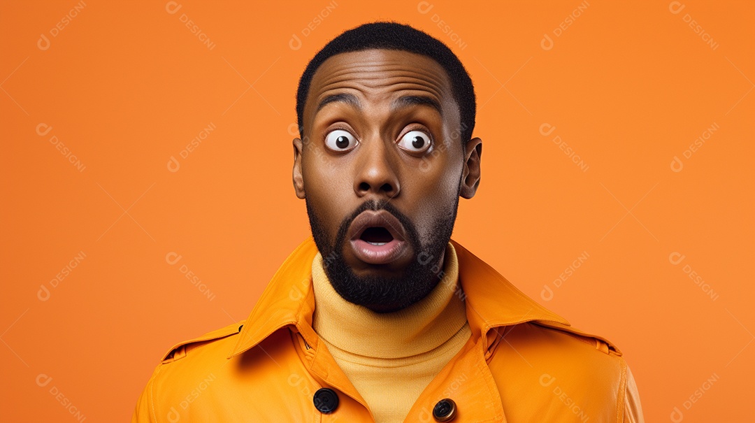 Um homem negro fazendo uma expressão chocada em um fundo colorido