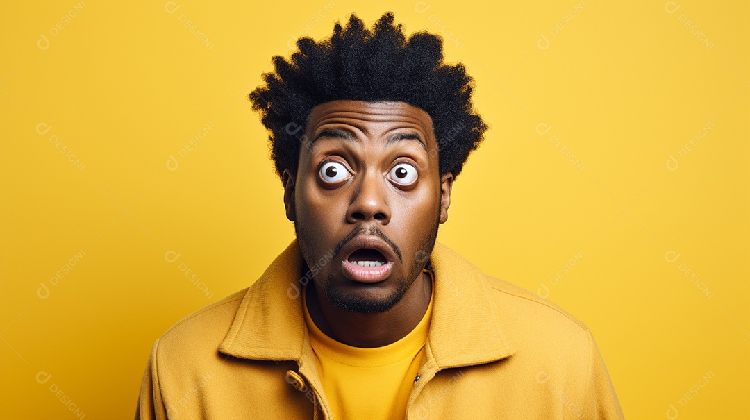 Um homem negro fazendo uma expressão chocada em um fundo colorido