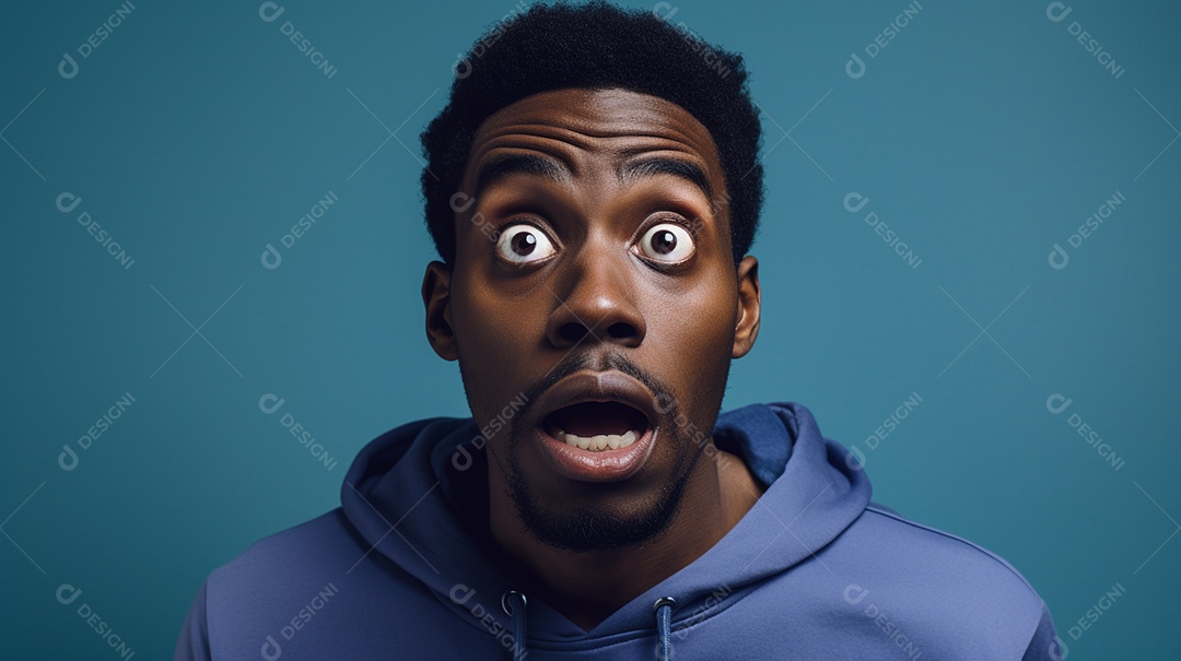 Um homem negro fazendo uma expressão chocada em um fundo colorido