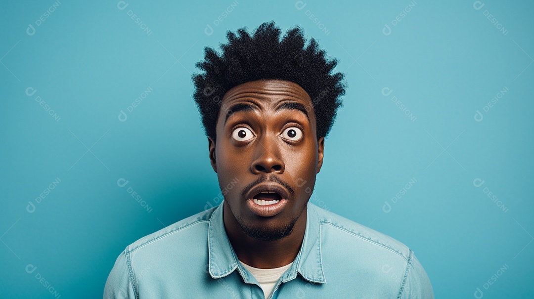 Um homem negro fazendo uma expressão chocada em um fundo colorido