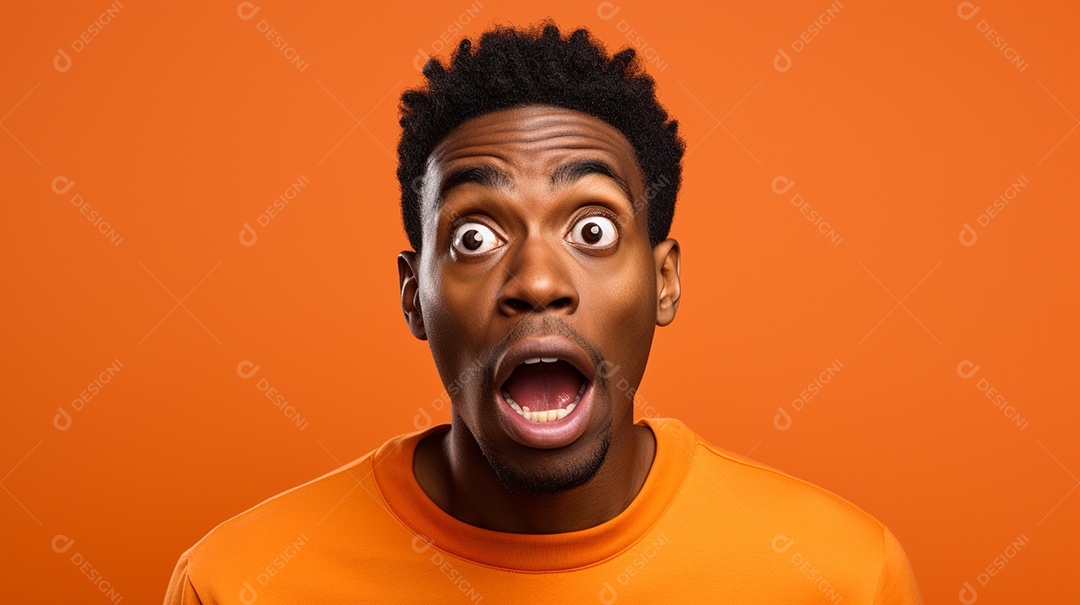 Um homem negro fazendo uma expressão chocada em um fundo colorido