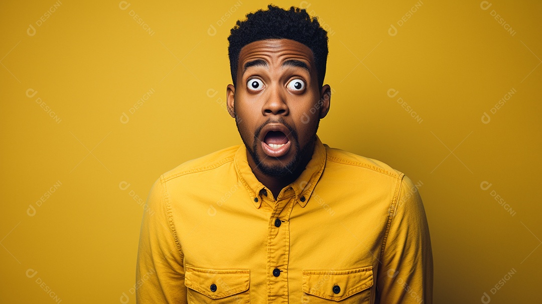 Um homem negro fazendo uma expressão chocada em um fundo colorido