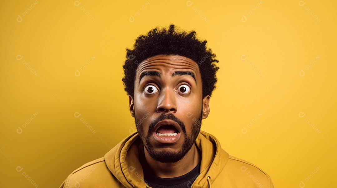 Um homem negro fazendo uma expressão chocada em um fundo colorido
