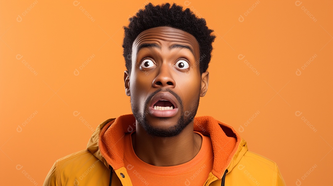 Um homem negro fazendo uma expressão chocada em um fundo colorido
