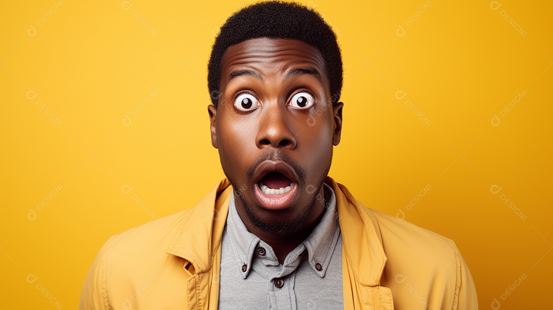 Um homem negro fazendo uma expressão chocada em um fundo colorido