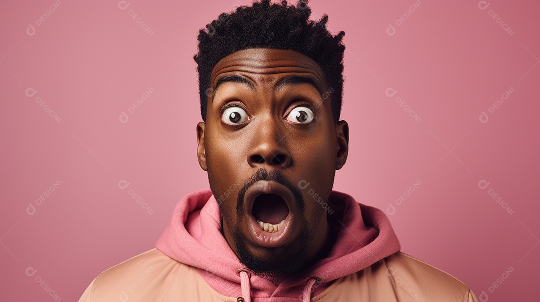 Um homem negro fazendo uma expressão chocada em um fundo colorido