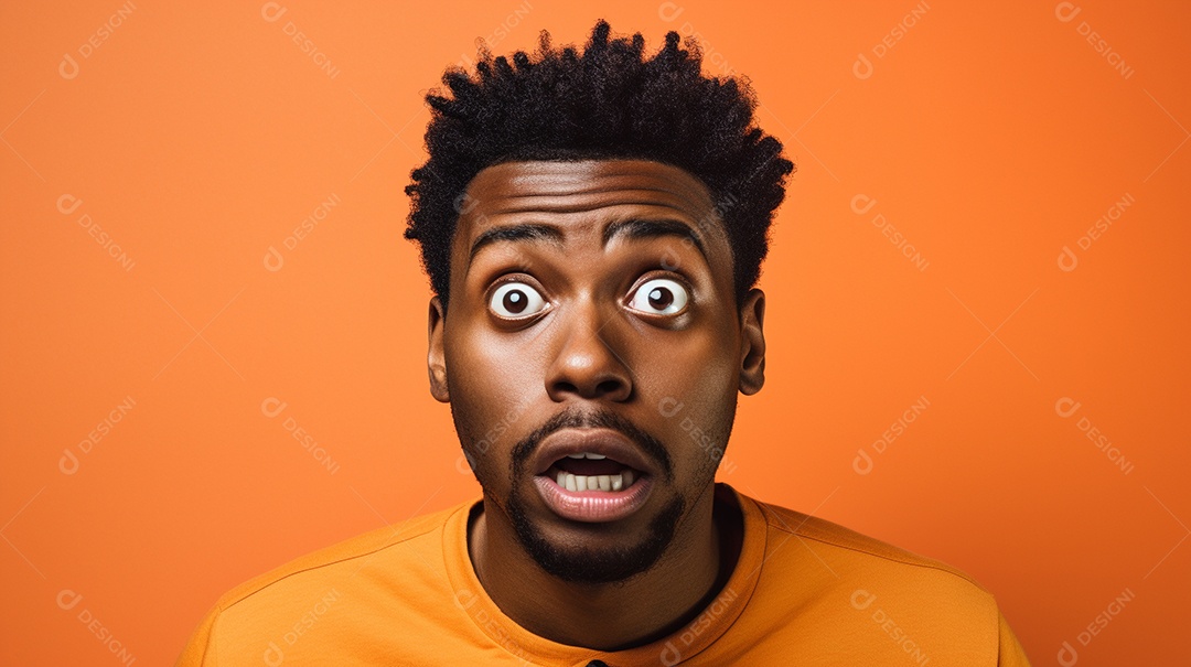 Um homem negro fazendo uma expressão chocada em um fundo colorido