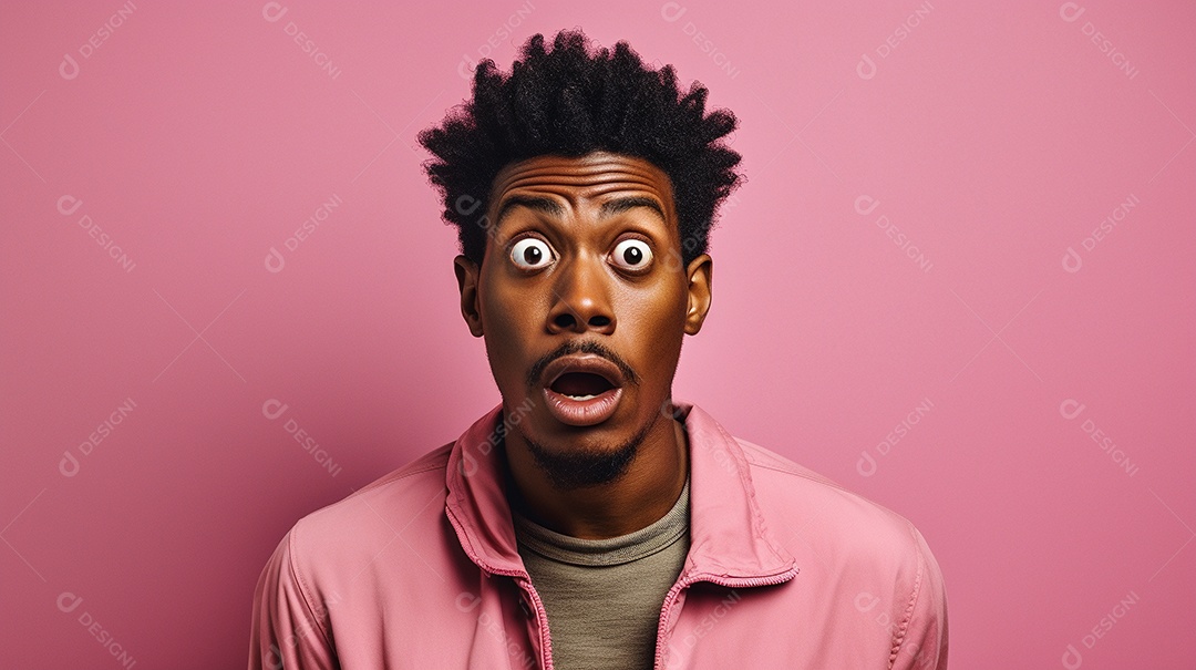 Um homem negro fazendo uma expressão chocada em um fundo colorido