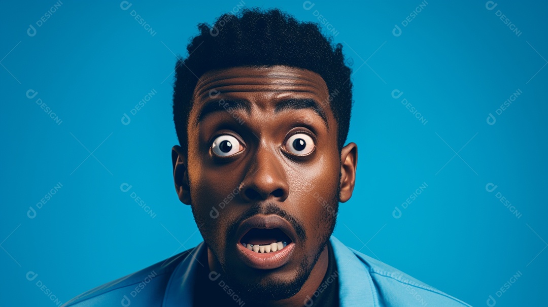 Um homem negro fazendo uma expressão chocada em um fundo colorido