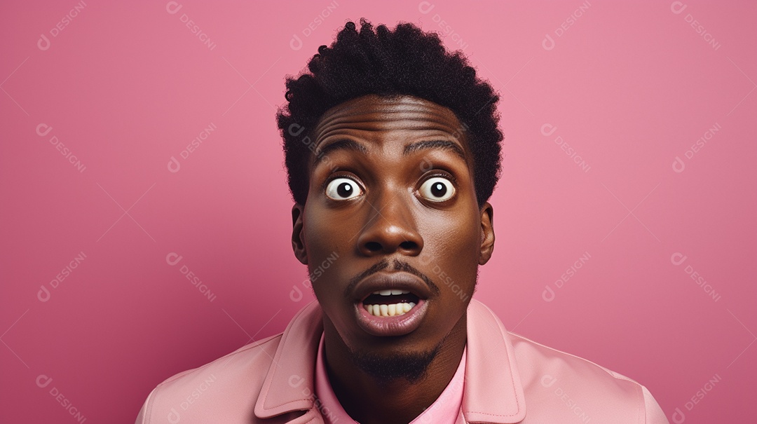 Um homem negro fazendo uma expressão chocada em um fundo colorido