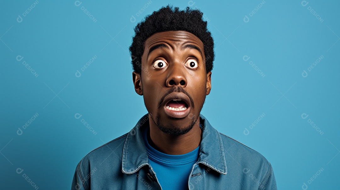 Um homem negro fazendo uma expressão chocada em um fundo colorido