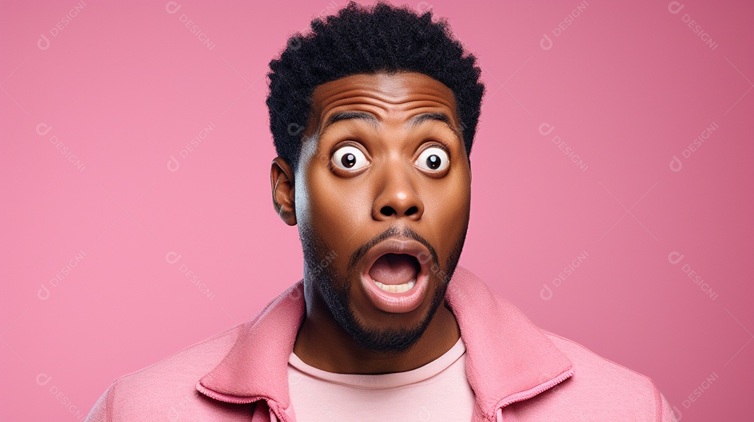 Um homem negro fazendo uma expressão chocada em um fundo colorido