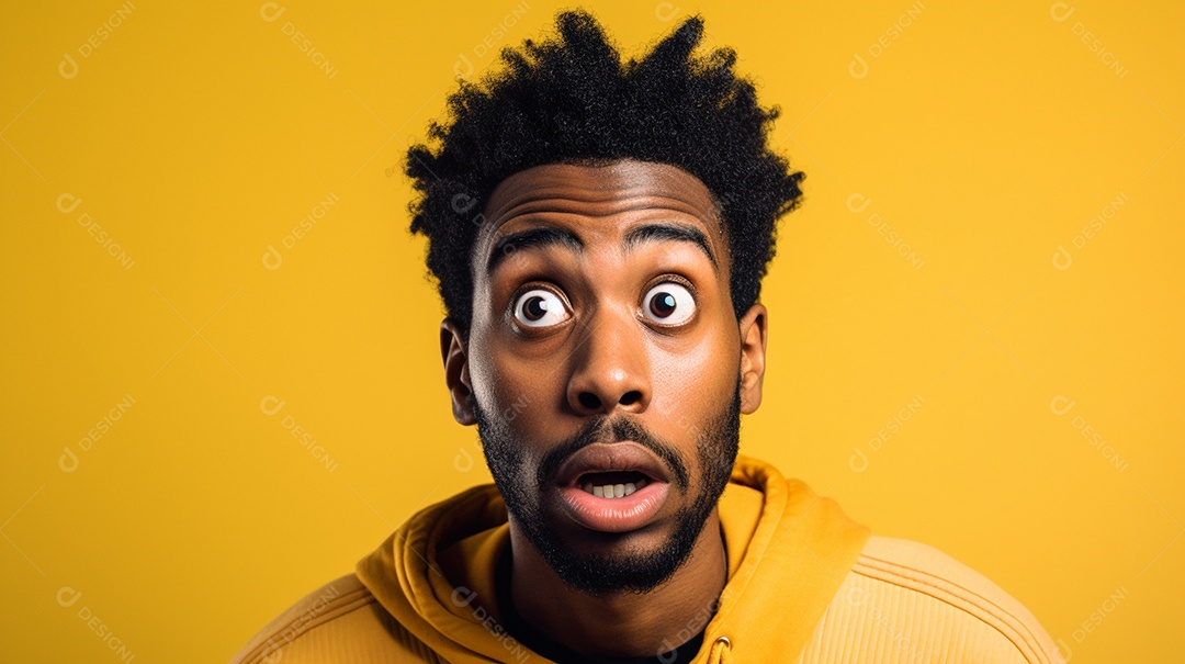 Um homem negro fazendo uma expressão chocada em um fundo colorido