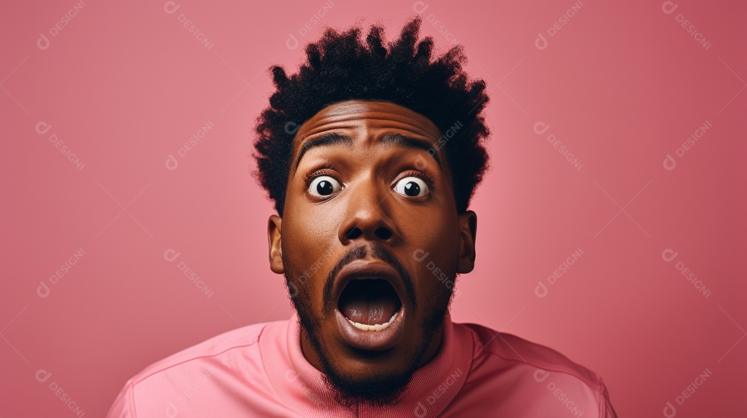Um homem negro fazendo uma expressão chocada em um fundo colorido