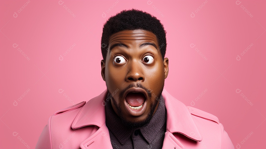 Um homem negro fazendo uma expressão chocada em um fundo colorido