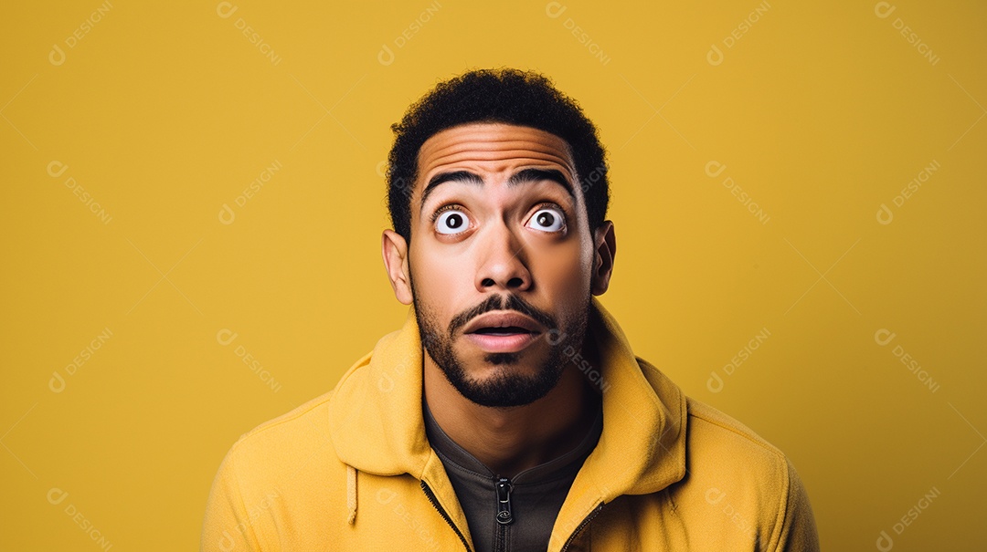 Um homem negro fazendo uma expressão chocada em um fundo colorido