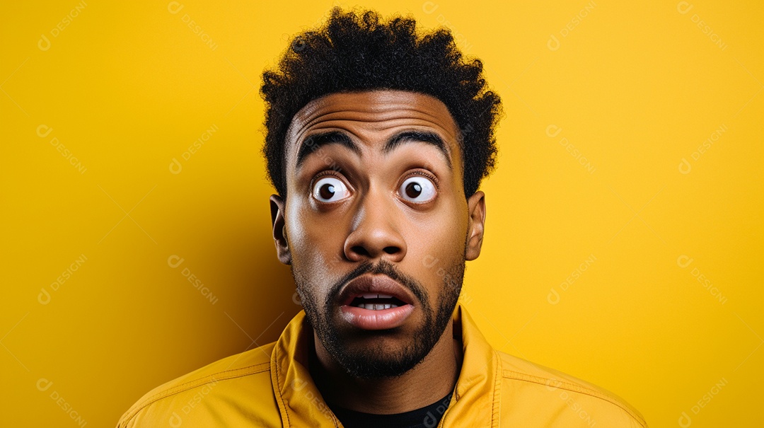 Um homem negro fazendo uma expressão chocada em um fundo colorido