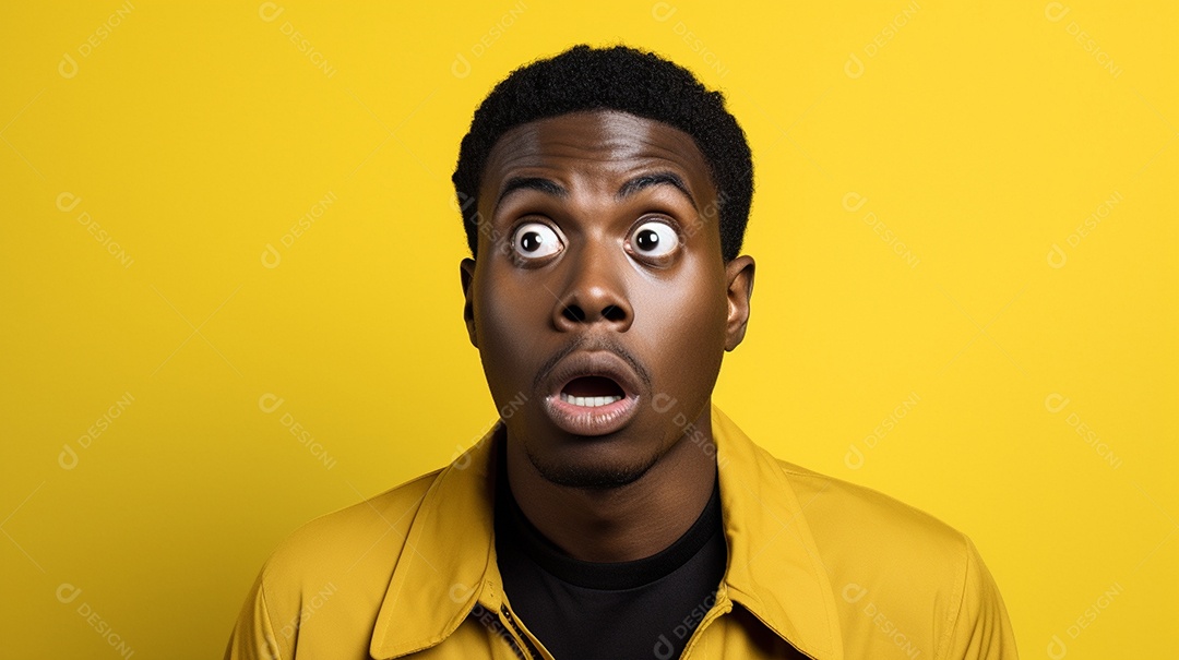 Homem negro fazendo uma expressão chocada em um fundo bronzeado