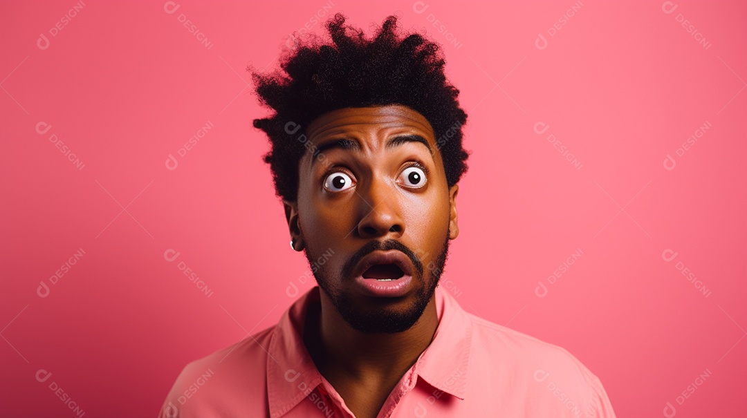 Homem negro fazendo uma expressão chocada em um fundo bronzeado