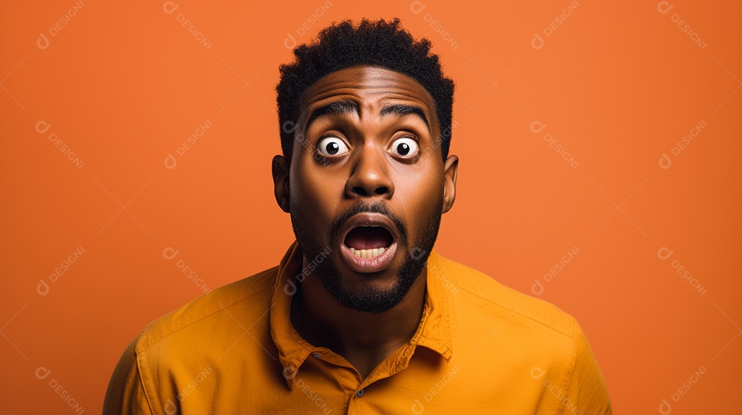 Homem negro fazendo uma expressão chocada em um fundo bronzeado