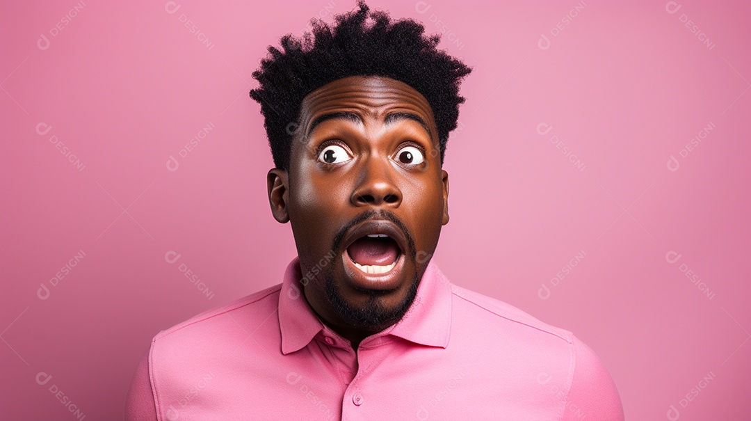 Homem negro fazendo uma expressão chocada em um fundo bronzeado