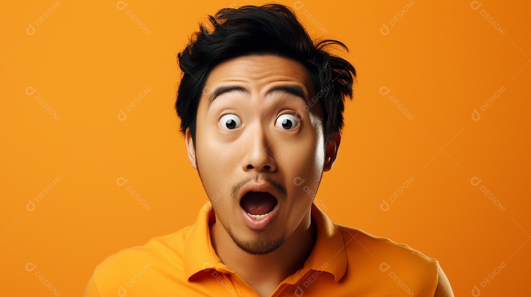 Homem asiático fazendo uma expressão chocada em um fundo bronzeado