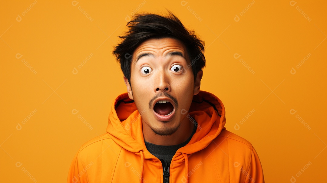 Homem asiático fazendo uma expressão chocada em um fundo bronzeado