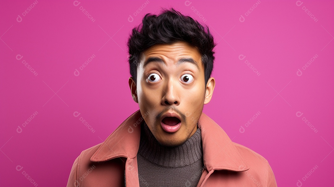 Homem asiático fazendo uma expressão chocada em um fundo bronzeado