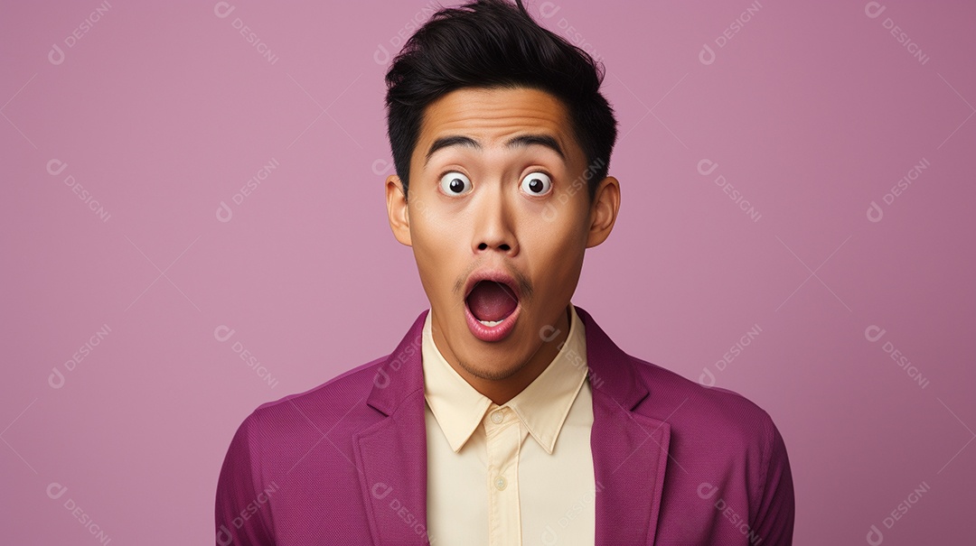 Homem asiático fazendo uma expressão chocada em um fundo bronzeado